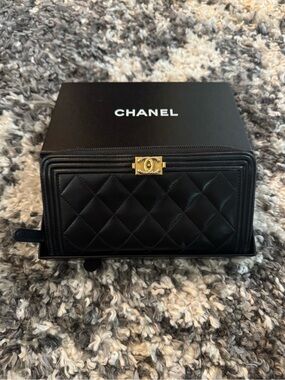 CHANEL Boy Black Quilted Leather Zip Wallet with Gold CC Accent